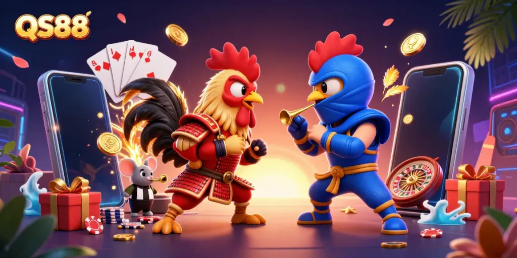 Engage in thrilling gameplay at QS88 featuring combat-ready roosters amid casino elements.