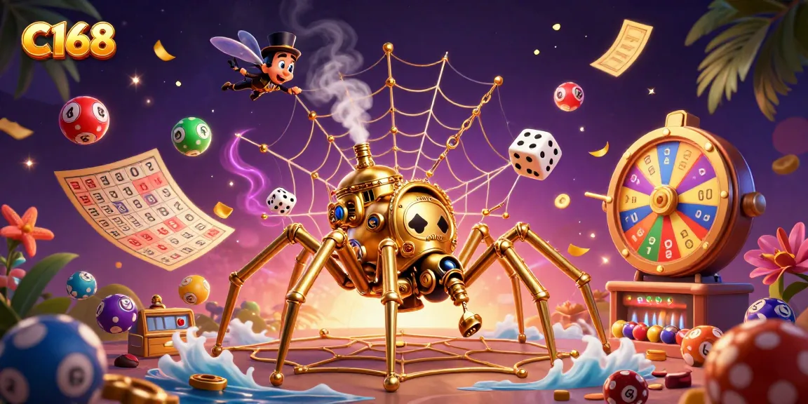 C168 captures luck with a steampunk spider weaving golden webbing in a vibrant casino scene.