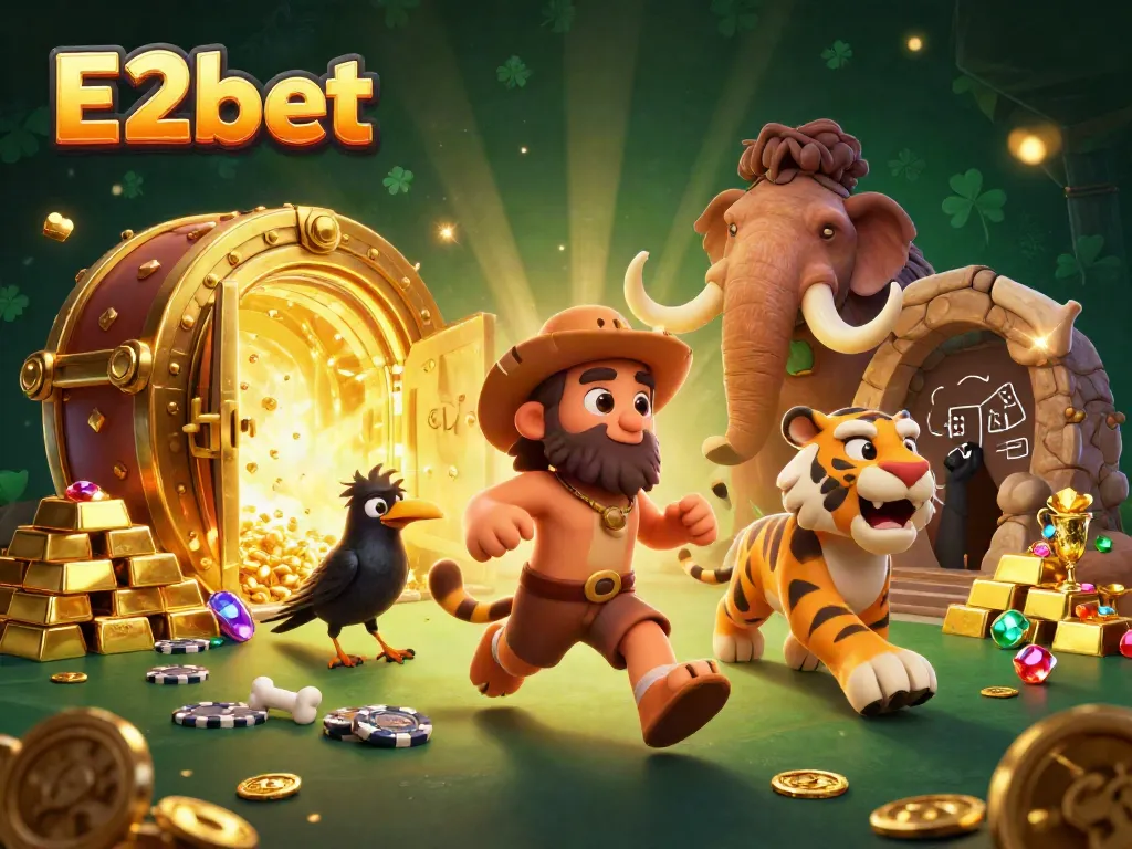 E2bet casino features a lively caveman and sabertooth duo with treasure and poker elements, showcasing an immersive gaming experience.
