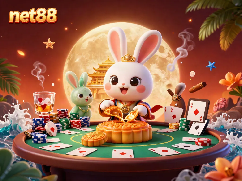Experience net88's vibrant gaming atmosphere with a lunar-themed poker scene featuring intricately designed rabbits.