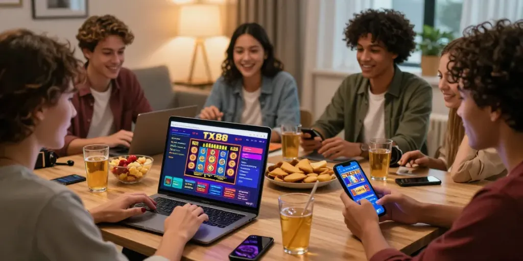 Exciting online betting interface on TX88 website featuring diverse gamers engaging with mobile devices.