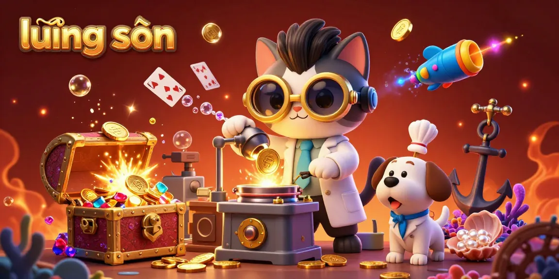 Lương sơn engages players with a whimsical 3D scene featuring a mad scientist cat and dog in a casino lab, crafting wealth.
