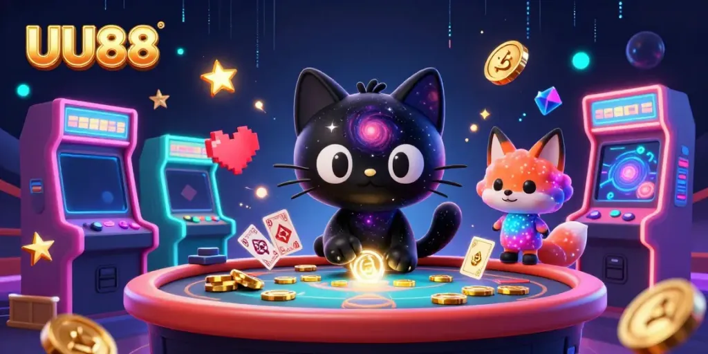 Experience excitement with UU88 at a vibrant cosmic casino table, featuring a black hole cat pulling chips.