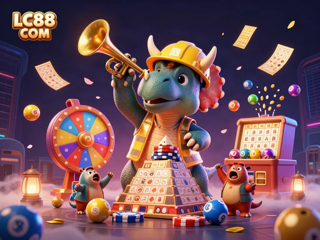 Engaging illustration of the LC88 COM casino theme with a triceratops creating poker chips.