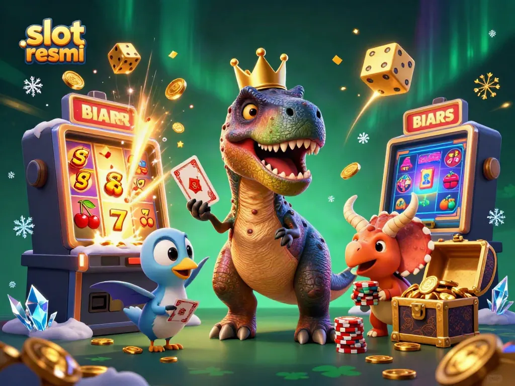 Experience exciting gaming adventures with slot resmi in a vibrant 3D casino illustration filled with dynamic elements.