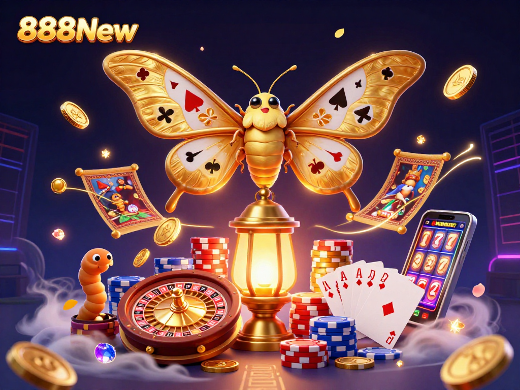Experience the thrill of 888New's gaming world with vibrant casino elements and enchanted characters.