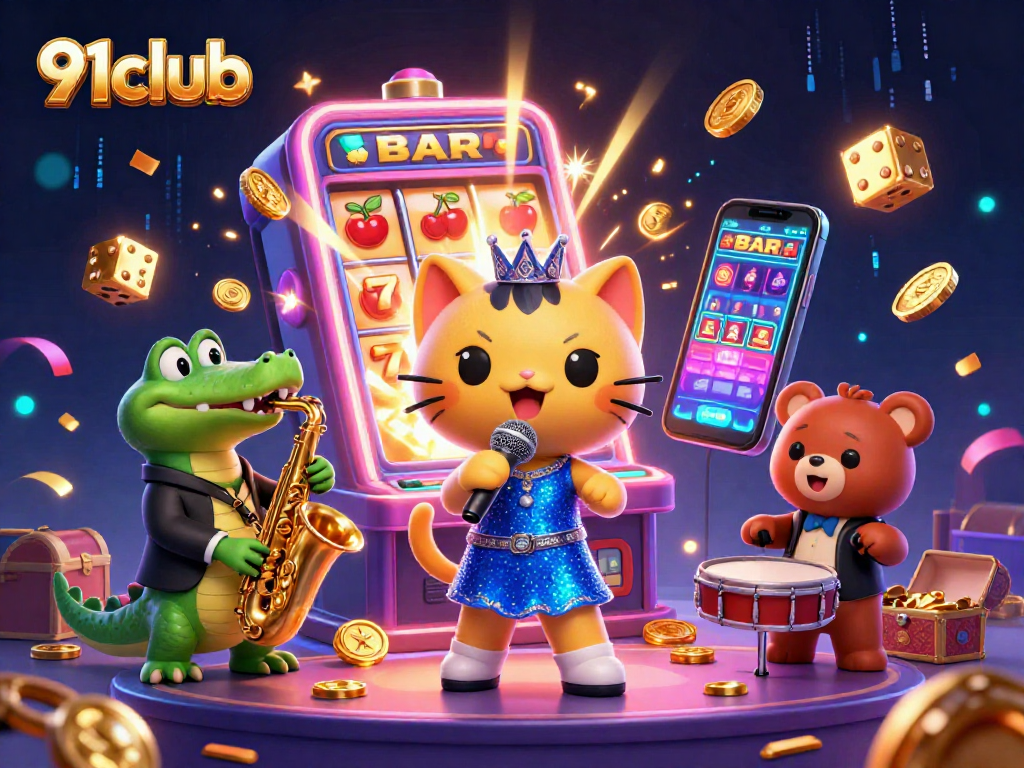 Win big at 91club with colorful casino games illustrated by vibrant characters and jackpots bursting.