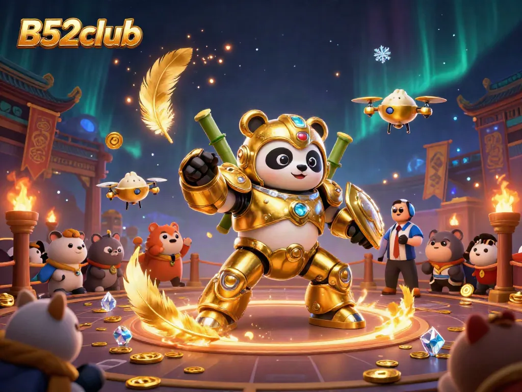 Experience thrilling games at B52club with a vibrant casino illustrated scene featuring cheering animals and a stunning mech-suit panda.