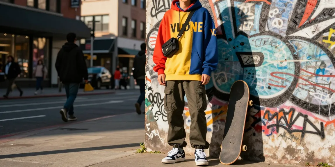 Vlone streetwear fashion scene showcasing trendy outfit against urban backdrop.