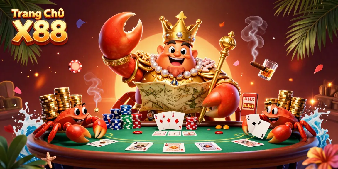 Explore the vibrant world of Trang Chủ X88 with a golden crab emperor in a dynamic casino scene.