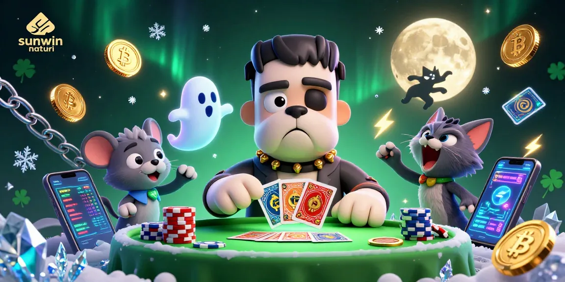Engage with sunwin naturi while playing cards at a haunted casino with unique characters and glowing crypto elements.