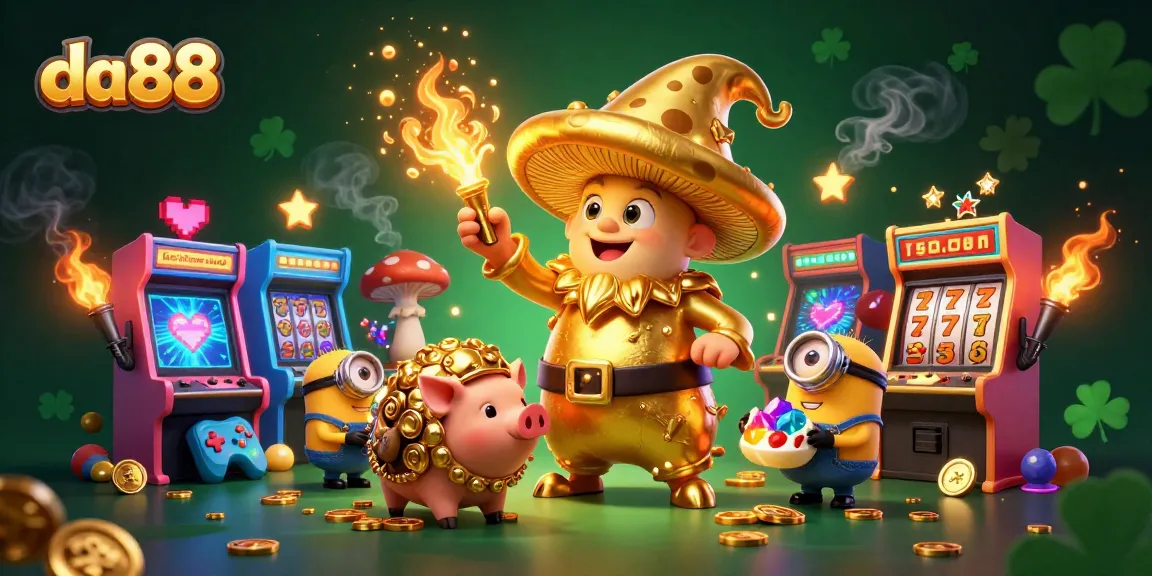 Engage with da88's golden wizard and friends bringing luck through magical treasure hunting in a vibrant casino setting.