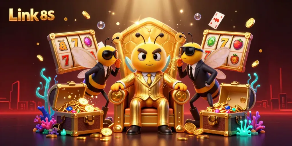 Engage with Link 8S in a vibrant 3D casino scene featuring a mob boss bee and dynamic gambling elements.