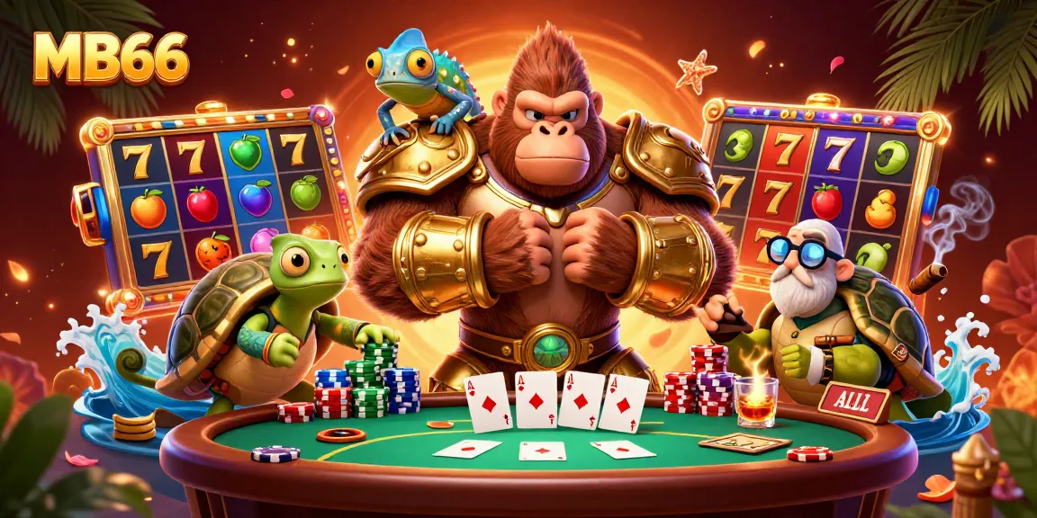 Engage in thrilling gameplay at MB66, featuring vibrant slot reels and a dramatic poker scene.