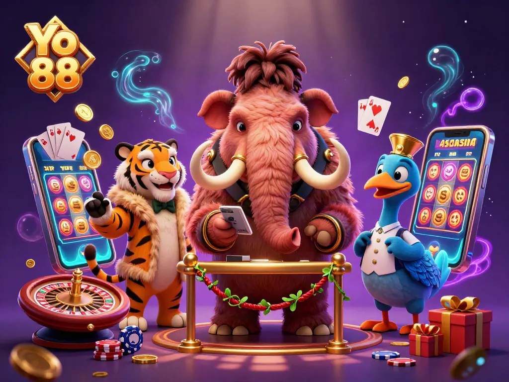 Engage with the vibrant atmosphere of Yo 88's online casino featuring a mammoth bouncer, a saber-tooth tiger, and gaming elements.