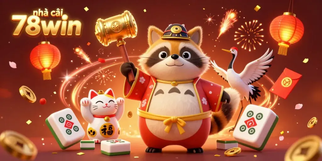 Engage with the vibrant celebration of nhà cái 78win featuring a cheerful tanuki and lively gaming elements.