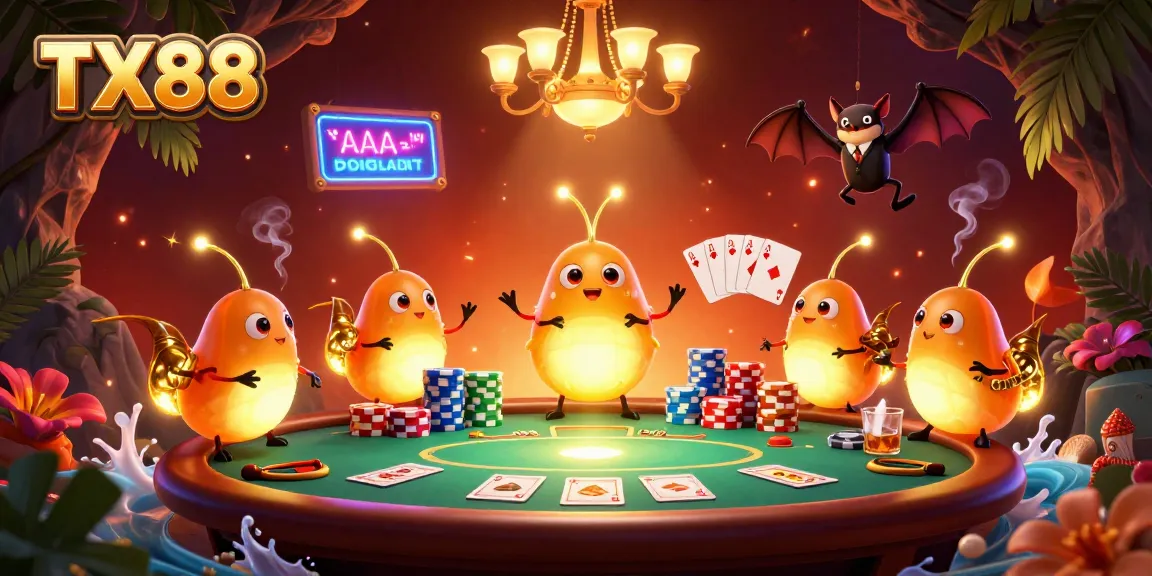 Experience the excitement of TX88 with a vibrant casino scene illuminated by glowing characters and dynamic poker elements.