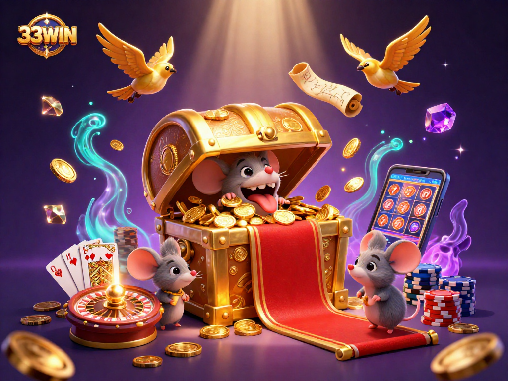 33WIN invites players to experience thrilling games, featuring golden treasure chests and cascading coins.