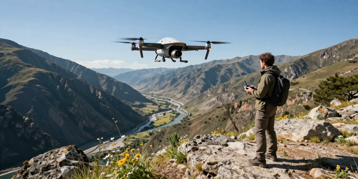 Aerial view of a F168 drone flying over stunning mountain landscapes with outdoor adventurer controlling it.