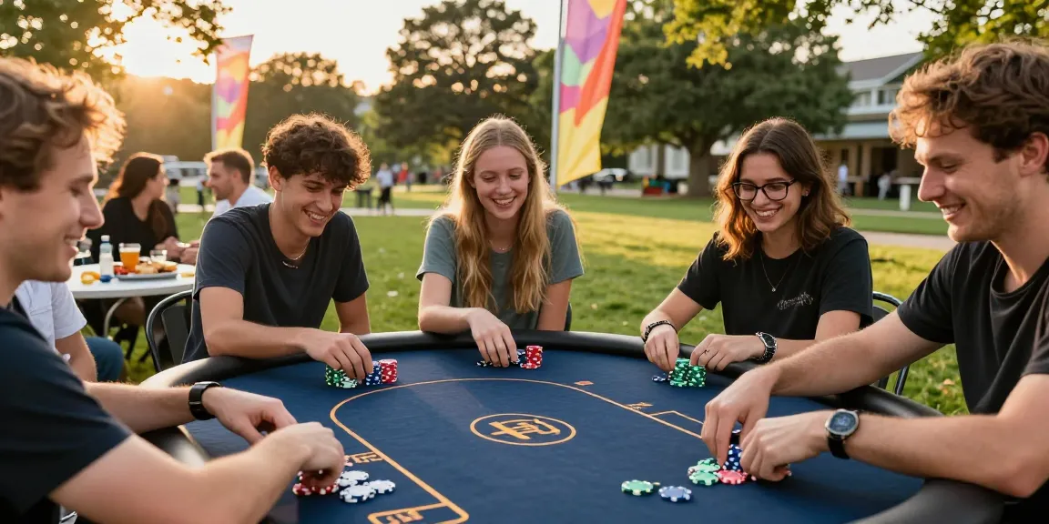 Custom casino chips brightening a lively outdoor poker tournament, with players enjoying a festive game atmosphere.