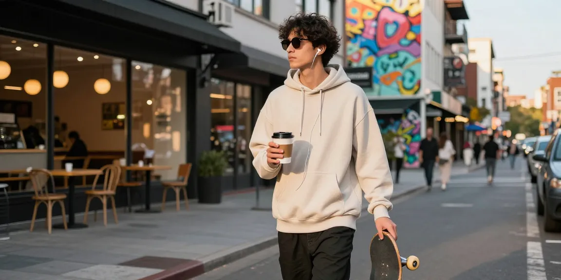 Stylish model in an essential hoodie enjoying urban street culture.