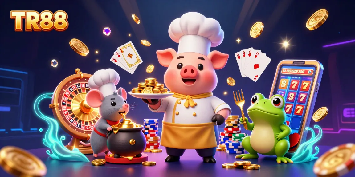 Experience TR88's casino excitement with a lively scene of characters showcasing gold coins and vibrant game elements.
