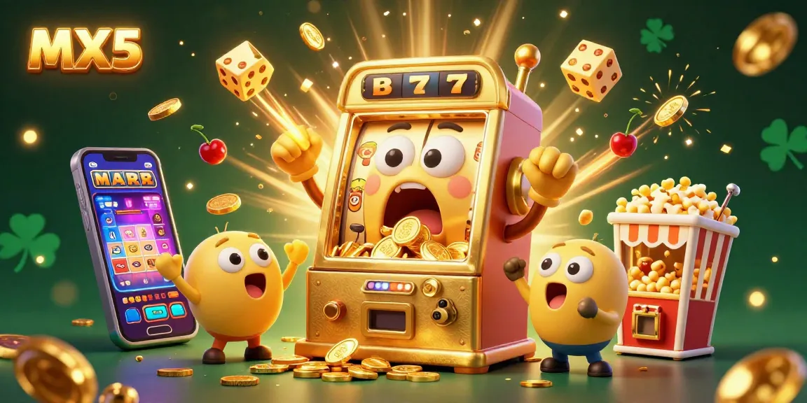 Experience the vibrant thrill of MX5 casino with a golden slot machine hitting a jackpot, coins pouring everywhere.