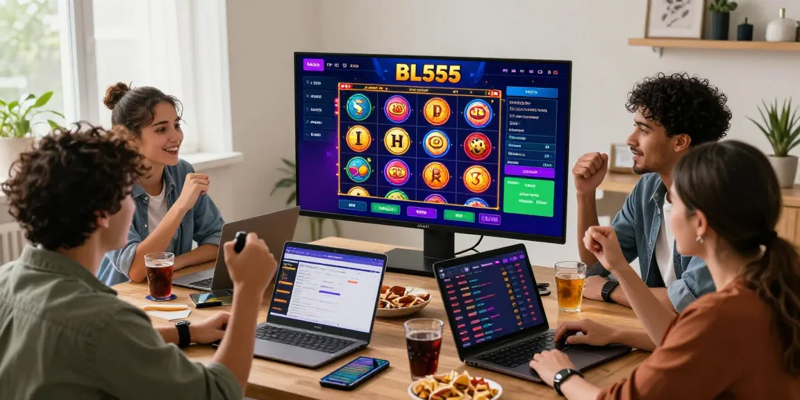 Friends celebrating a jackpot win on the BL555 online gambling platform in a vibrant gaming setup.