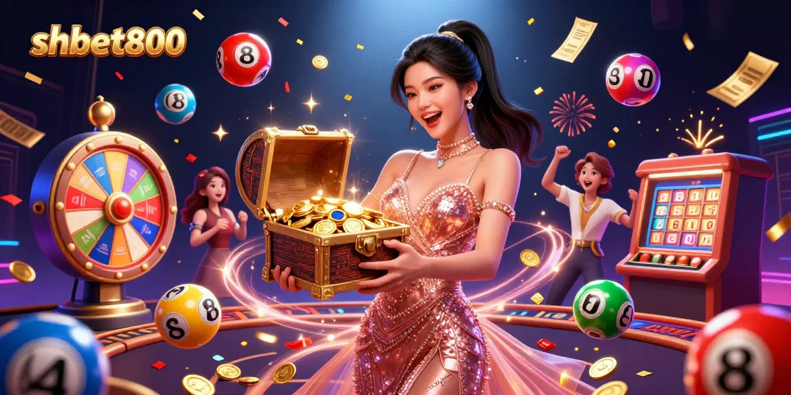 Engage in thrilling gameplay with shbet800, featuring a joyful woman revealing a treasure chest of riches and dynamic casino elements.