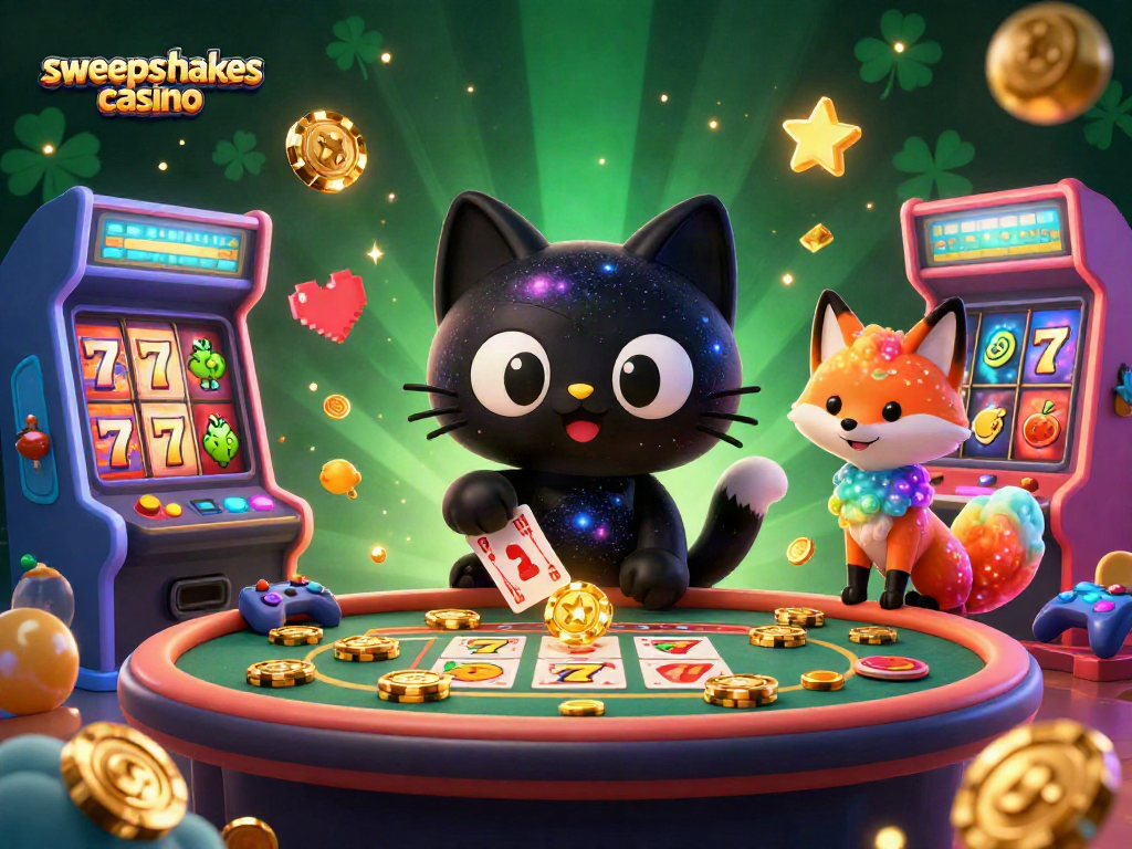Sweepstakes casino scene featuring a black hole cat and nebula fox amid vibrant slot machines and cosmic elements.