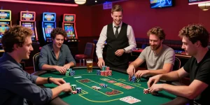 A lively gambling scene at a casino showcasing players enjoying poker and other games with vibrant lighting, emphasizing the excitement of ok8386 com.