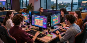 Xoso66 có uy tín không displayed with friends enjoying online lottery betting in a vibrant gaming environment.