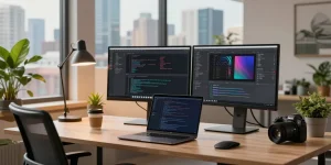 M5 MacBook displayed on a modern desk featuring dual monitors and a cozy workspace setup.