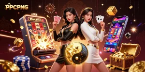 Experience thrilling gaming with PPCPNG as stunning twin Asian women showcase poker prowess in a casino-themed scene.