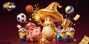 Engage in thrilling gameplay with 98win, featuring a dynamic illustration of a golden mushroom wizard and treasure-hunting elements.