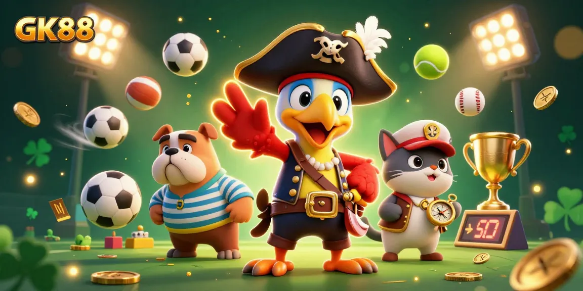 Bet on GK88 with a lively 3D pirate-themed casino scene featuring sports elements and characters.