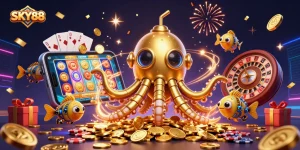Win big at SKY88 with an exciting 3D illustration of a golden kraken and slot game dynamics.