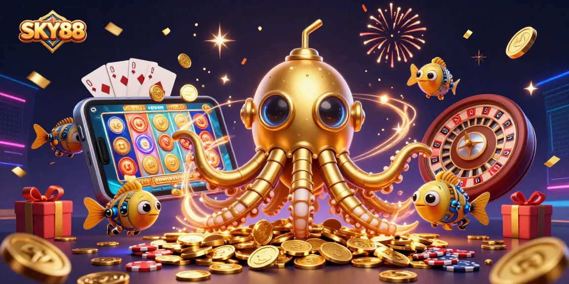 Win big at SKY88 with an exciting 3D illustration of a golden kraken and slot game dynamics.