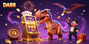 DA88 attracts excitement as a pachycephalosaurus hits a slot machine for jackpot coins in a dynamic casino scene