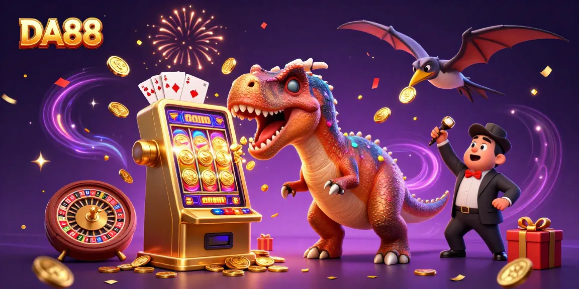 DA88 attracts excitement as a pachycephalosaurus hits a slot machine for jackpot coins in a dynamic casino scene