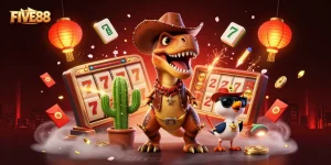 FIVE88 showcases thrilling slot gameplay with a cowboy T-Rex and dynamic casino elements.