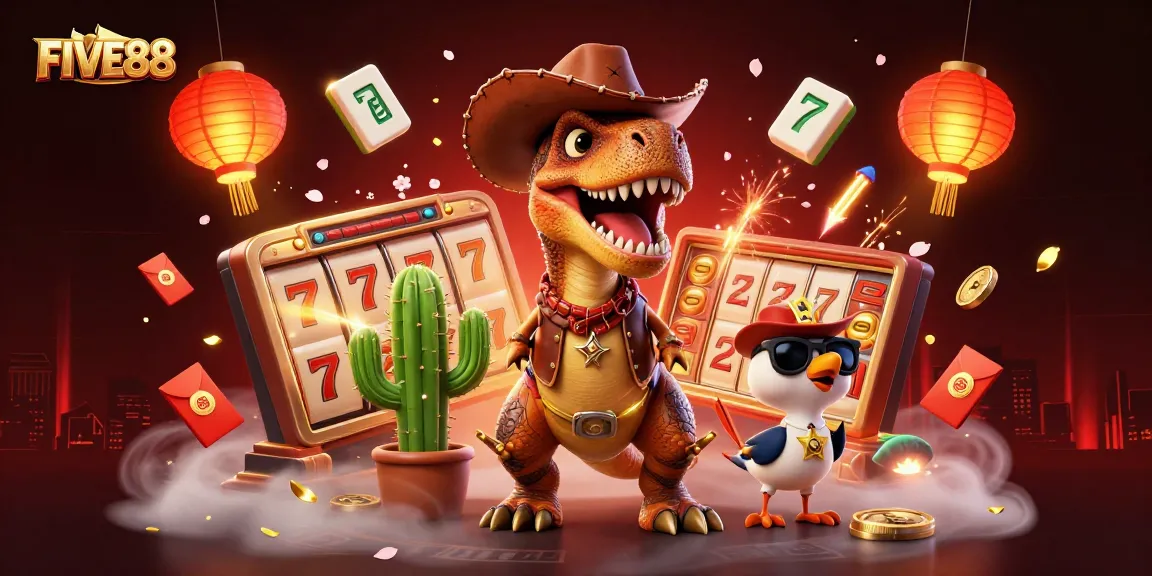 FIVE88 showcases thrilling slot gameplay with a cowboy T-Rex and dynamic casino elements.