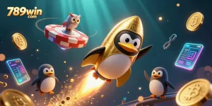 Experience thrilling gaming at 789win com with a vibrant scene of a golden penguin in space, blasted by coins.