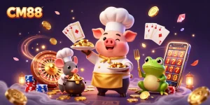 Experience the excitement of CM88 with a chef pig serving gold coins surrounded by casino elements.