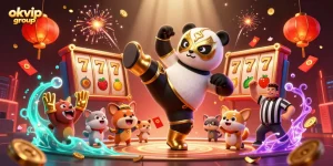 Join the excitement at okvip group with a dynamic scene featuring a wrestling panda amidst vibrant casino elements.