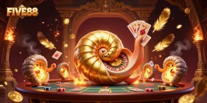 Join the excitement at FIVE88, where a dazzling nautilus roulette wheel pairs with vibrant casino elements for thrilling gameplay.