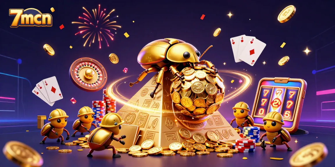 Experience thrilling gaming with 7mcn's cartoon scene of golden beetles in a casino-inspired pyramid.