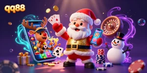 Play jackpot slots with qq88 as Santa and friends celebrate in a vibrant casino scene.