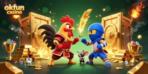 Experience the excitement of okfun casino with fighting roosters and golden treasures in a packed 3D illustration.