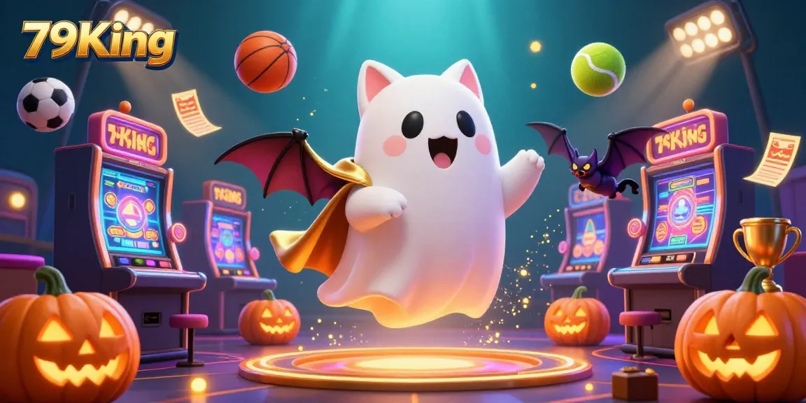 Experience thrilling gaming at 79King as the ghost cat navigates through a haunted casino.